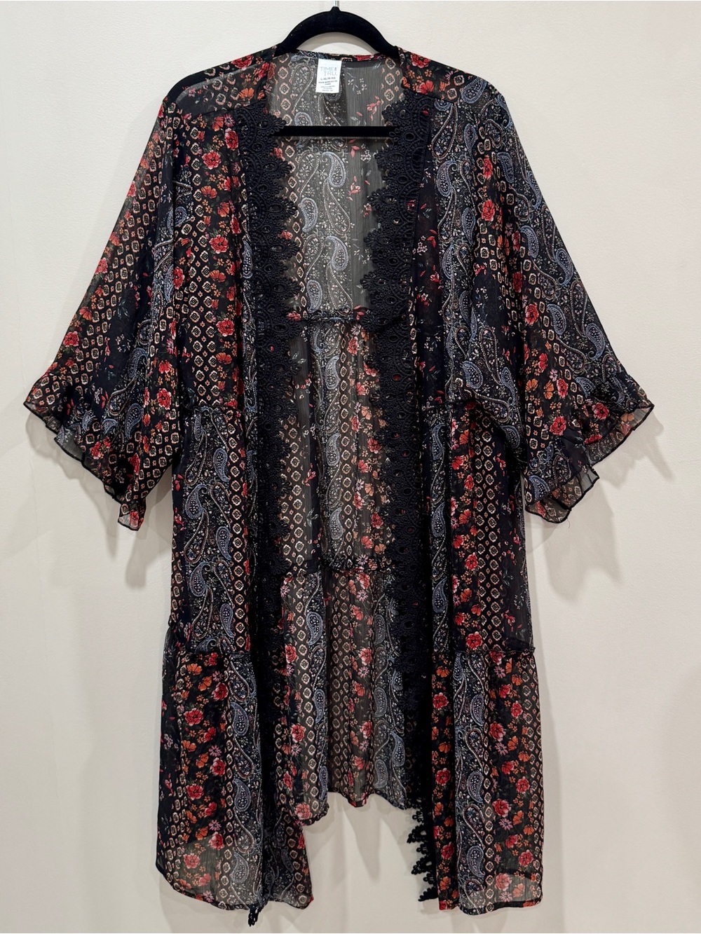 Floral Paisley Kimono Duster L/XL Sheer with Lace Crochet Trim Boho Festival
